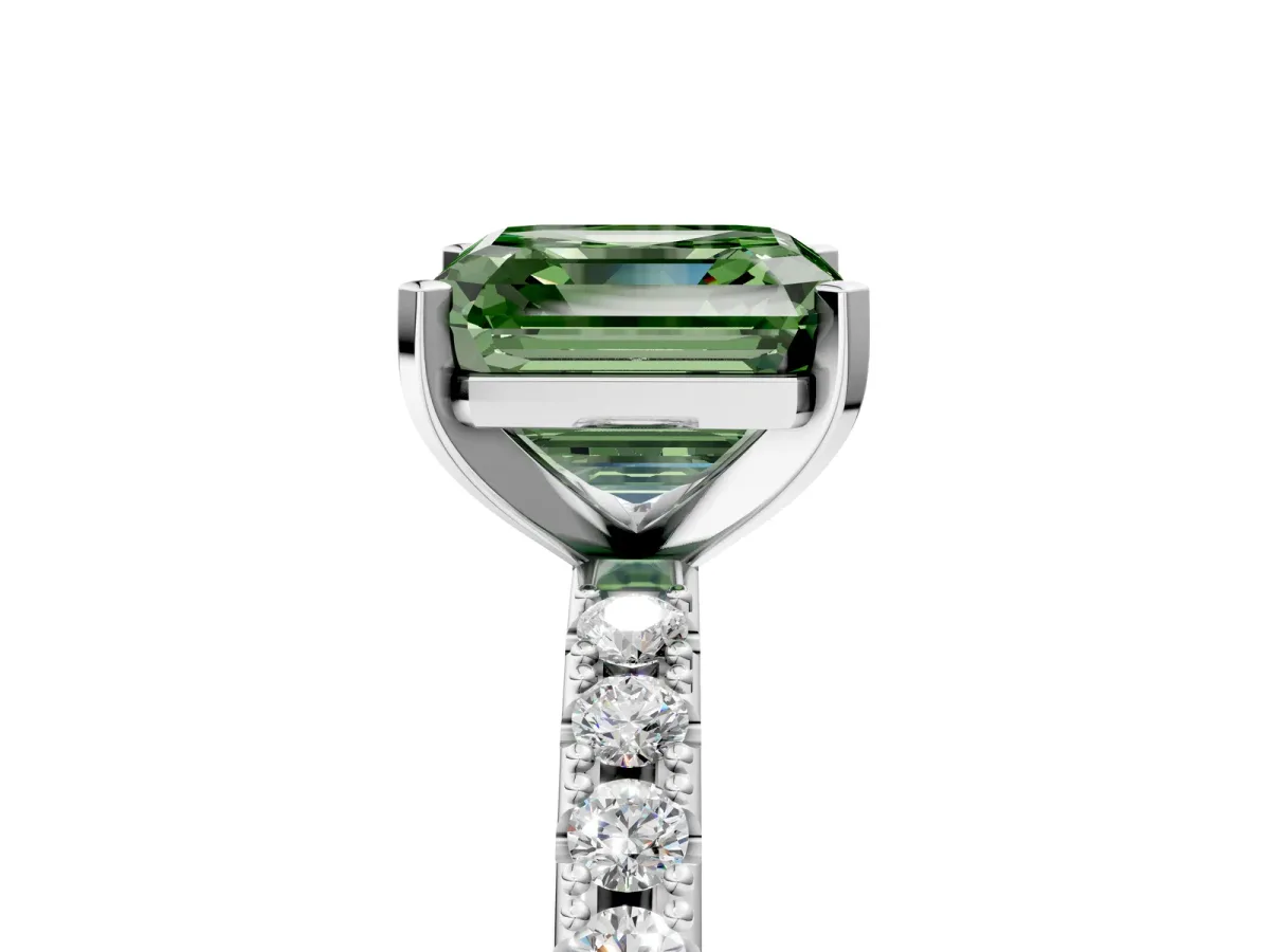 Fancy Green Asscher Cut Diamond Solitaire Pavé Band with Four-Prong Setting Silver