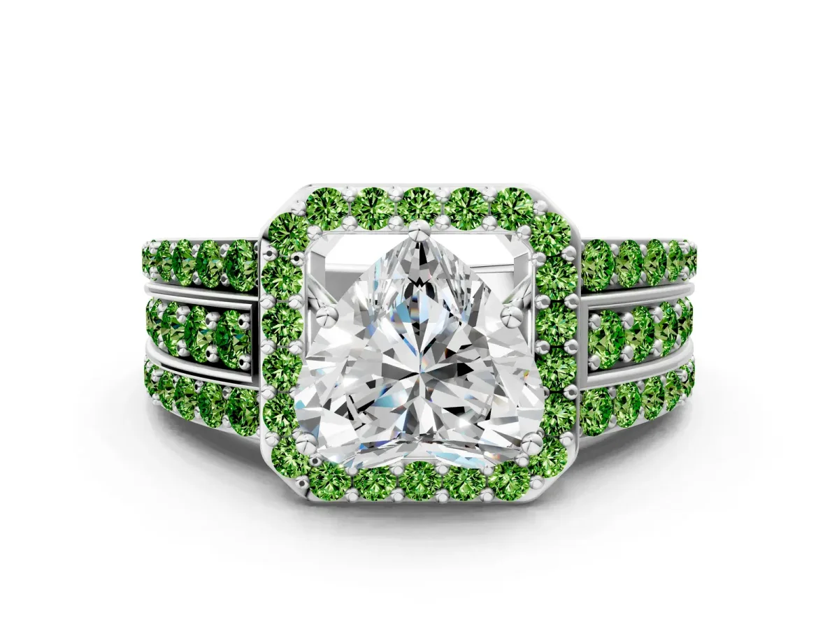 Heart Cut Halo Diamond Ring with Round Peridot Split Shank and Prong Setting Silver