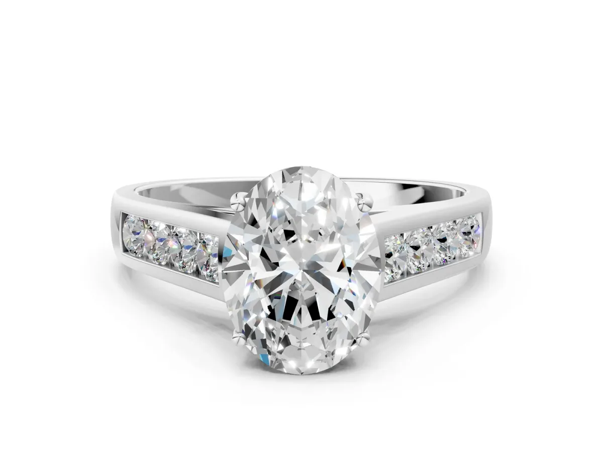 Oval Cut Brilliant Channel-Set Solitaire Ring with Four-Prong Setting White gold