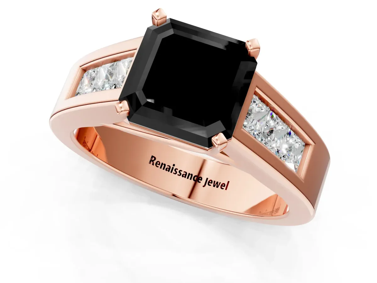 Fancy Black Asscher Cut Cut Channel Set Solitaire Ring with Four-Prong Setting Rose gold