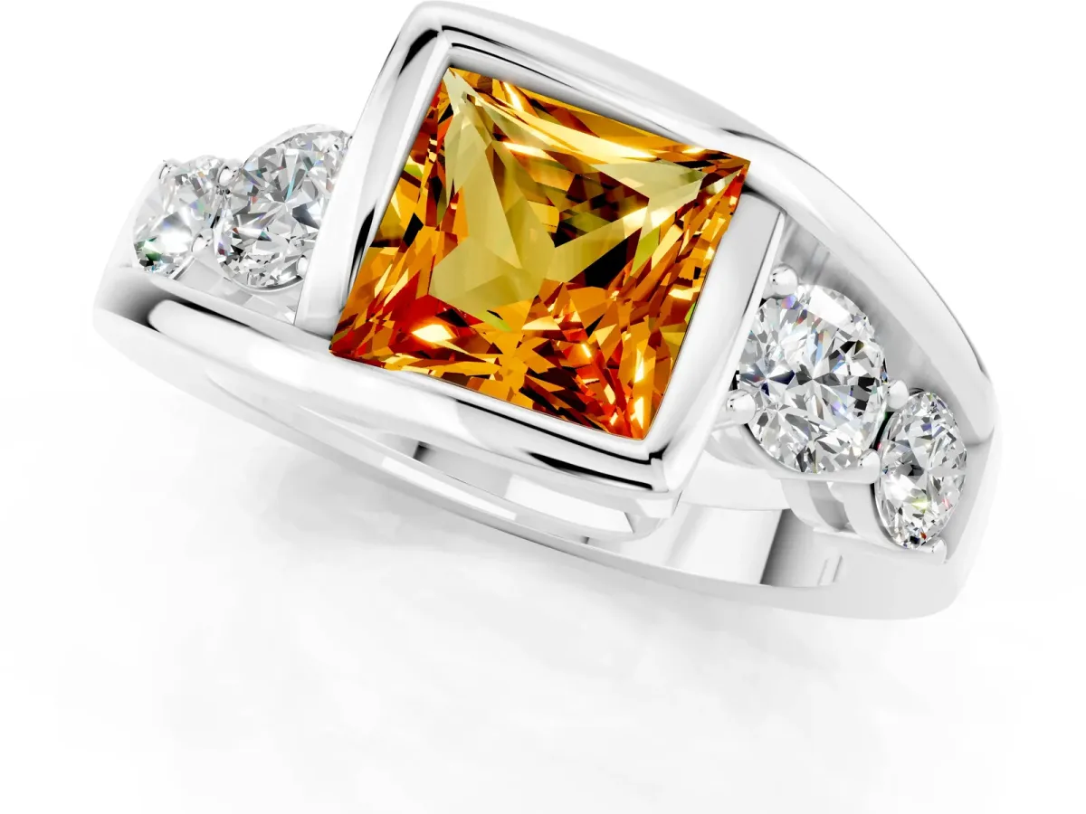 Bezel Set Princess Cut Citrine Bypass Ring with Round Accents Silver