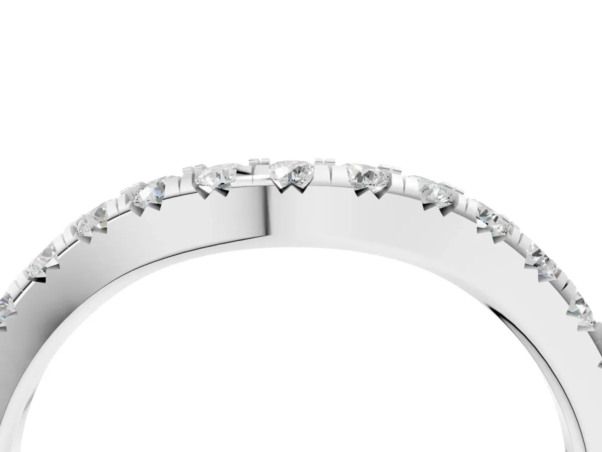 Round Diamond Curved Pavé Wedding Band with Shared Prong Setting Silver