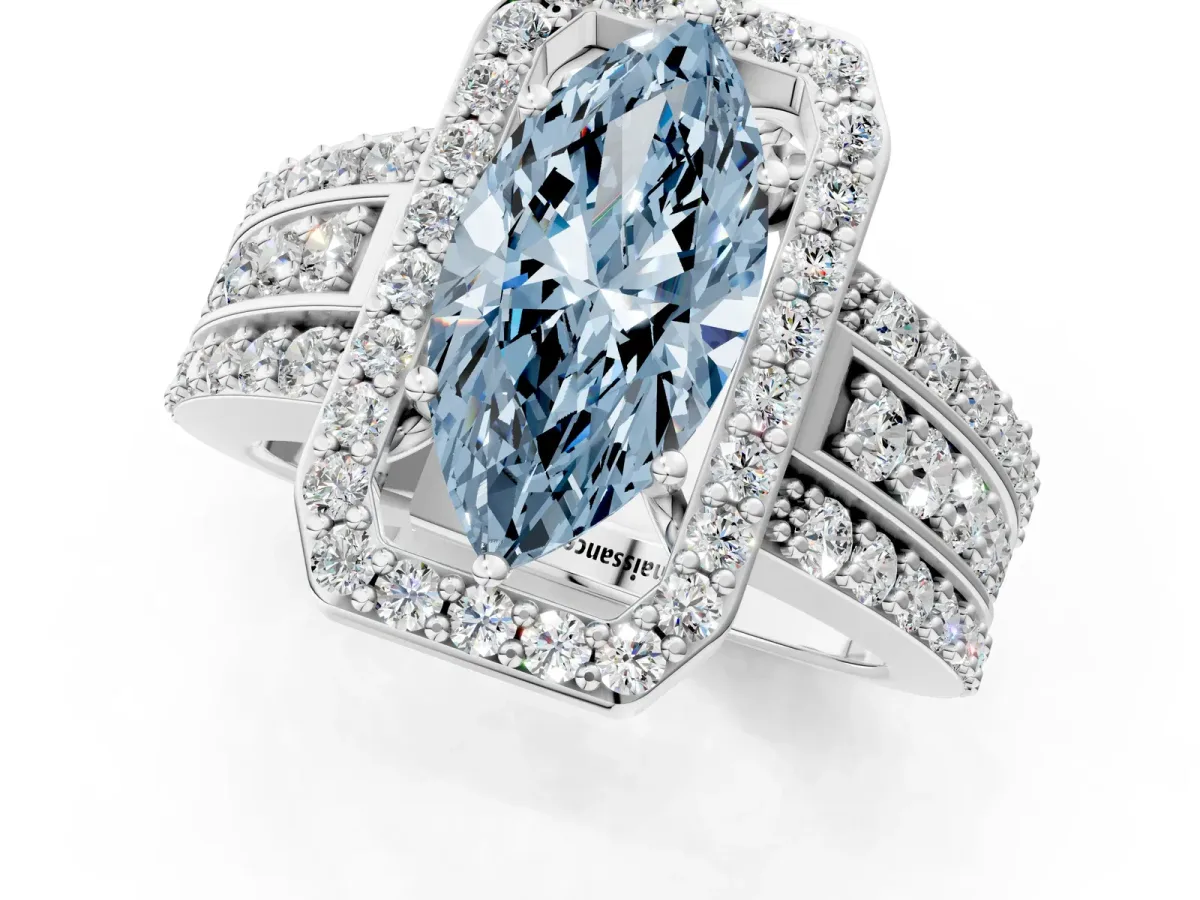 Fancy Blue Marquise Cut Halo Diamond Ring with Round Split Shank and Prong Setting Platinum