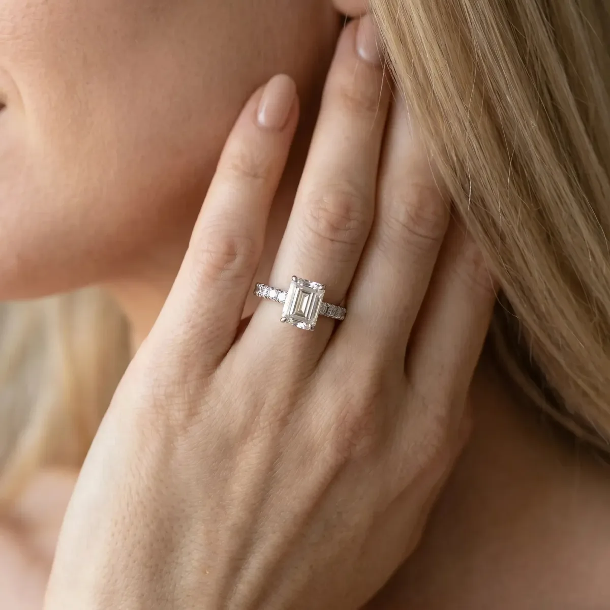 Emerald Cut Diamond Pave Band Solitaire Ring with Round and Prong Setting Platinum