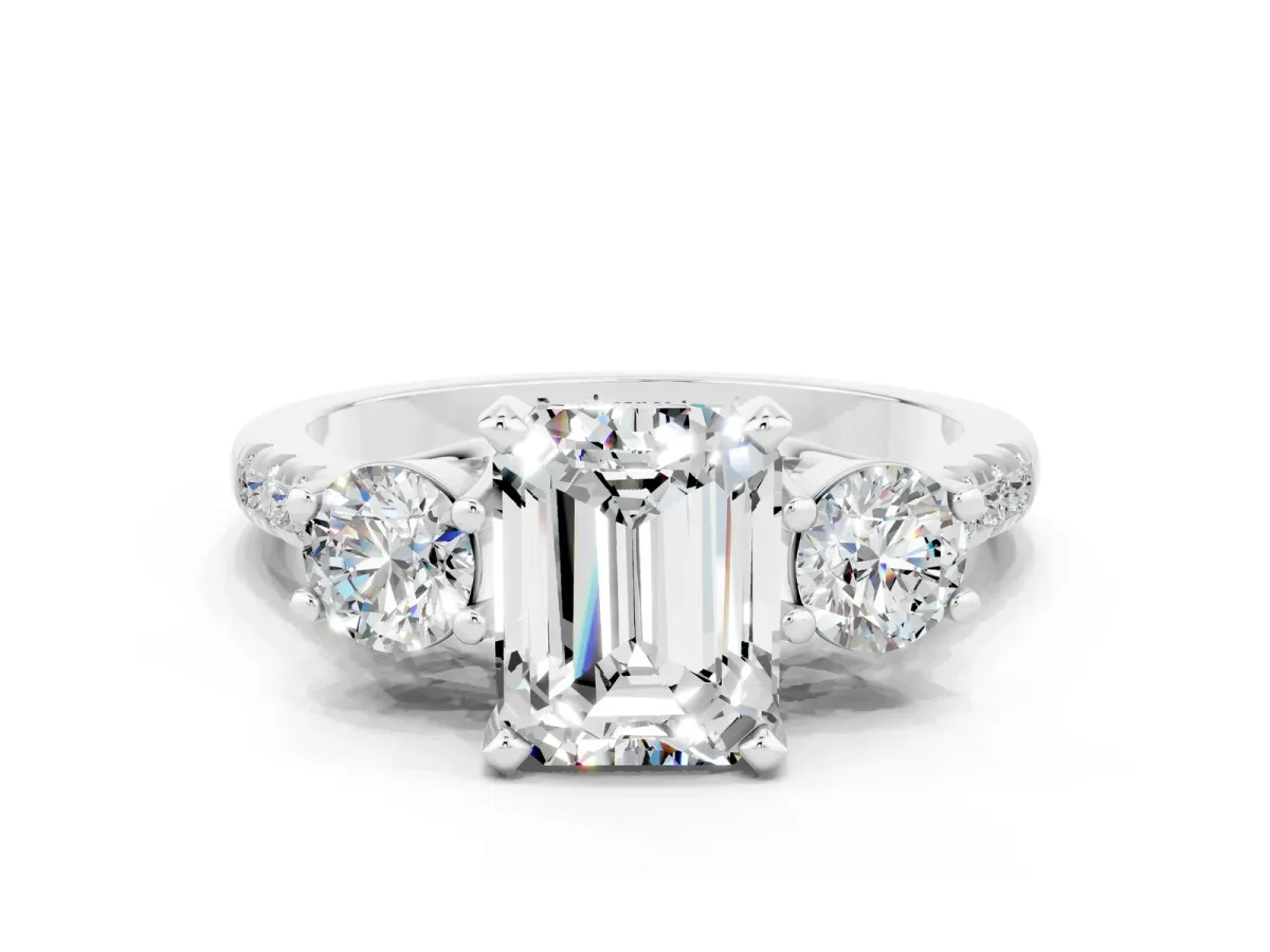 Three-Stone Emerald Cut Moissanite Pavé Band with Four-Prong Setting Silver