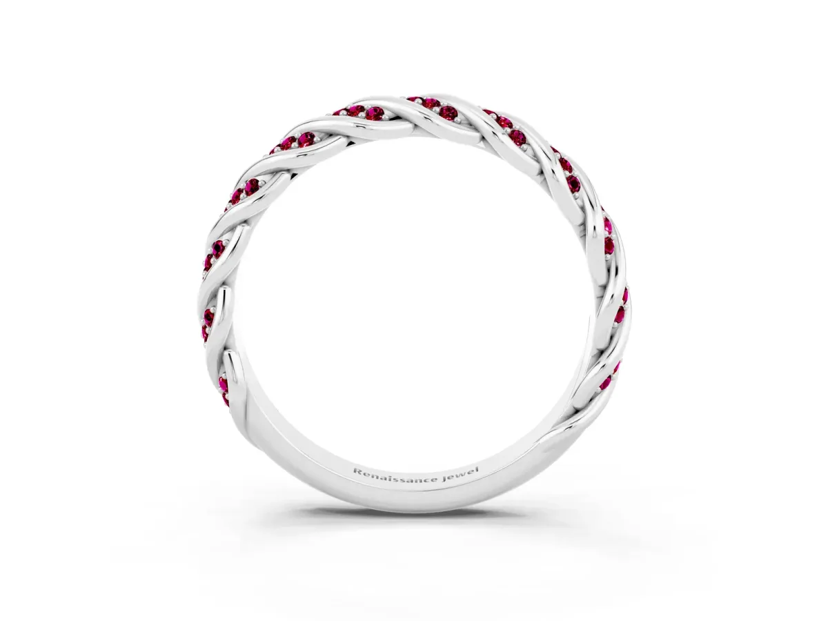 Twisted Pavé Round Garnet Eternity Band with Shared Prong Setting Silver