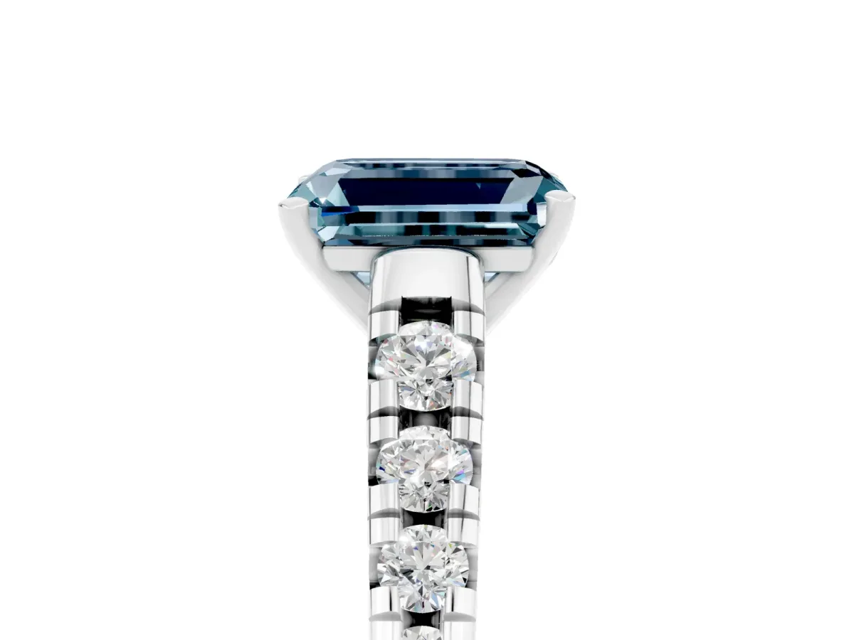 Emerald Cut Aquamarine Cathedral Solitaire Ring with Round Pavé Band Silver