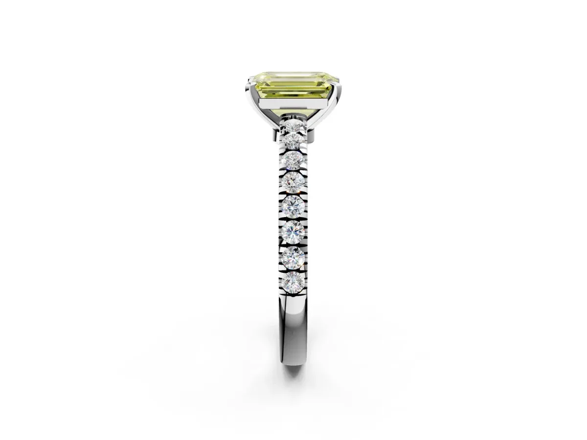 Fancy Yellow Emerald Cut Solitaire Diamond with Pavé Band and Four-Prong Setting Platinum
