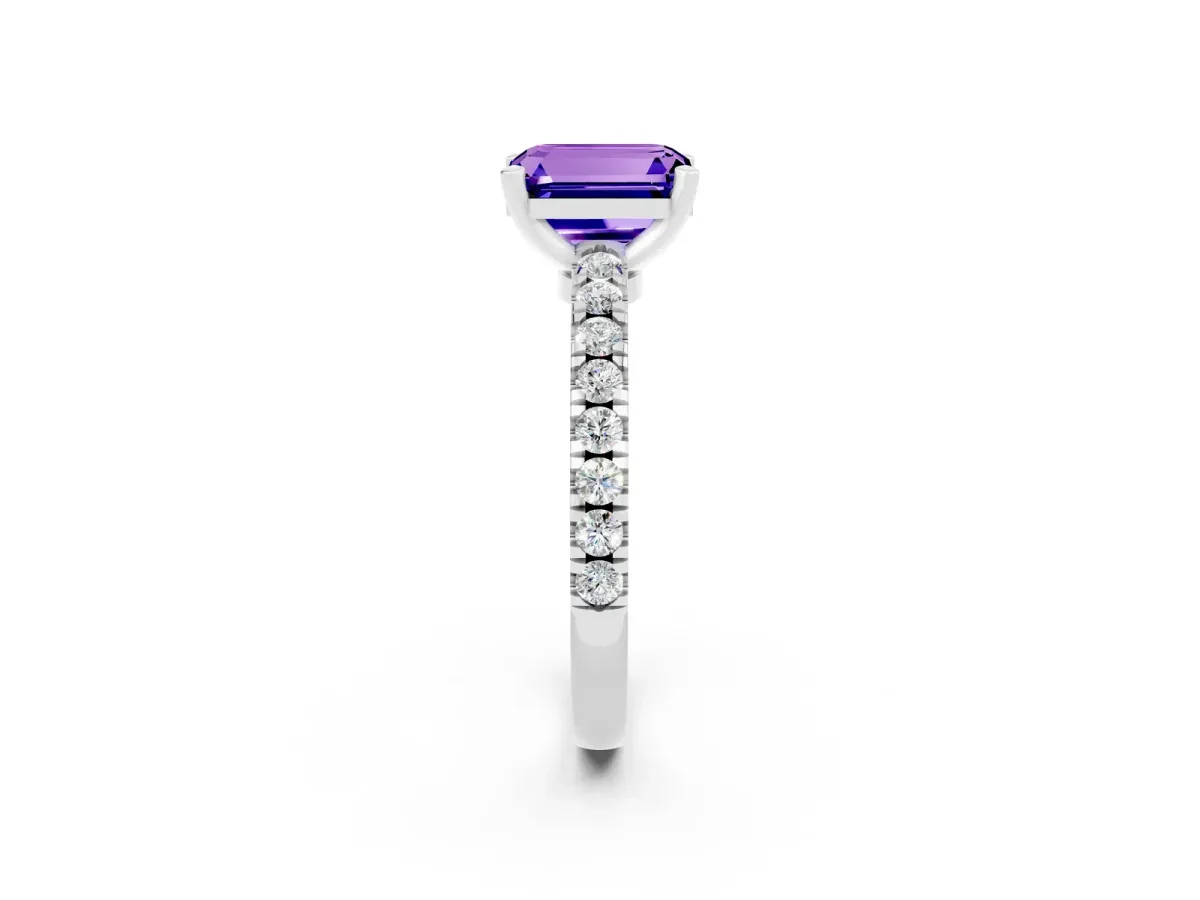 Emerald Cut Solitaire Tanzanite with Pavé Band and Four-Prong Setting Silver