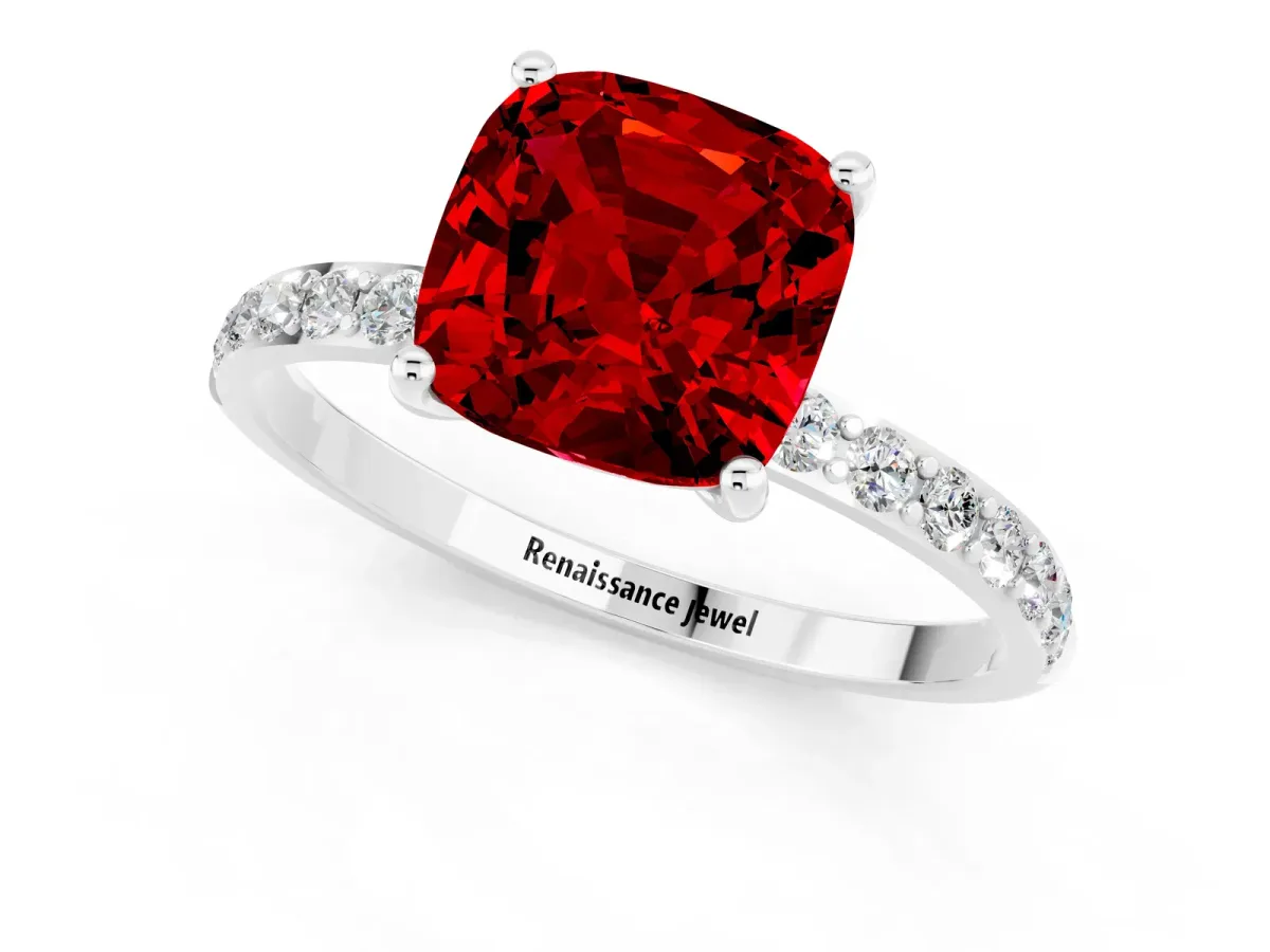 Cushion Cut Ruby Solitaire Ring with Round Pavé Band and Prong Setting Silver