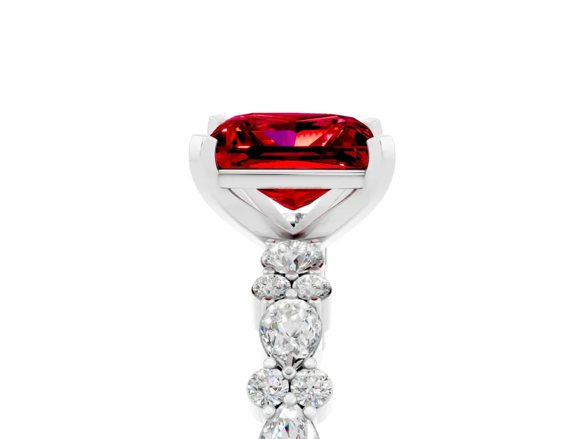 Princess Cut Ruby Side Stone Solitaire Ring with Round and Four-Prong Setting Silver