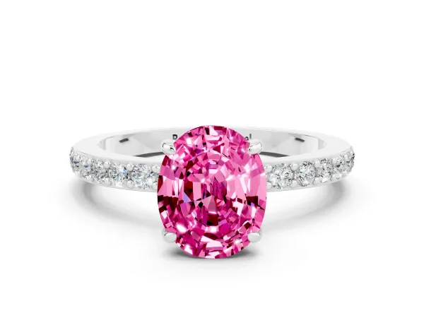 Oval Cut Pink Sapphire Solitaire Engagement Ring with Pavé Band and Four-Prong Setting Platinum