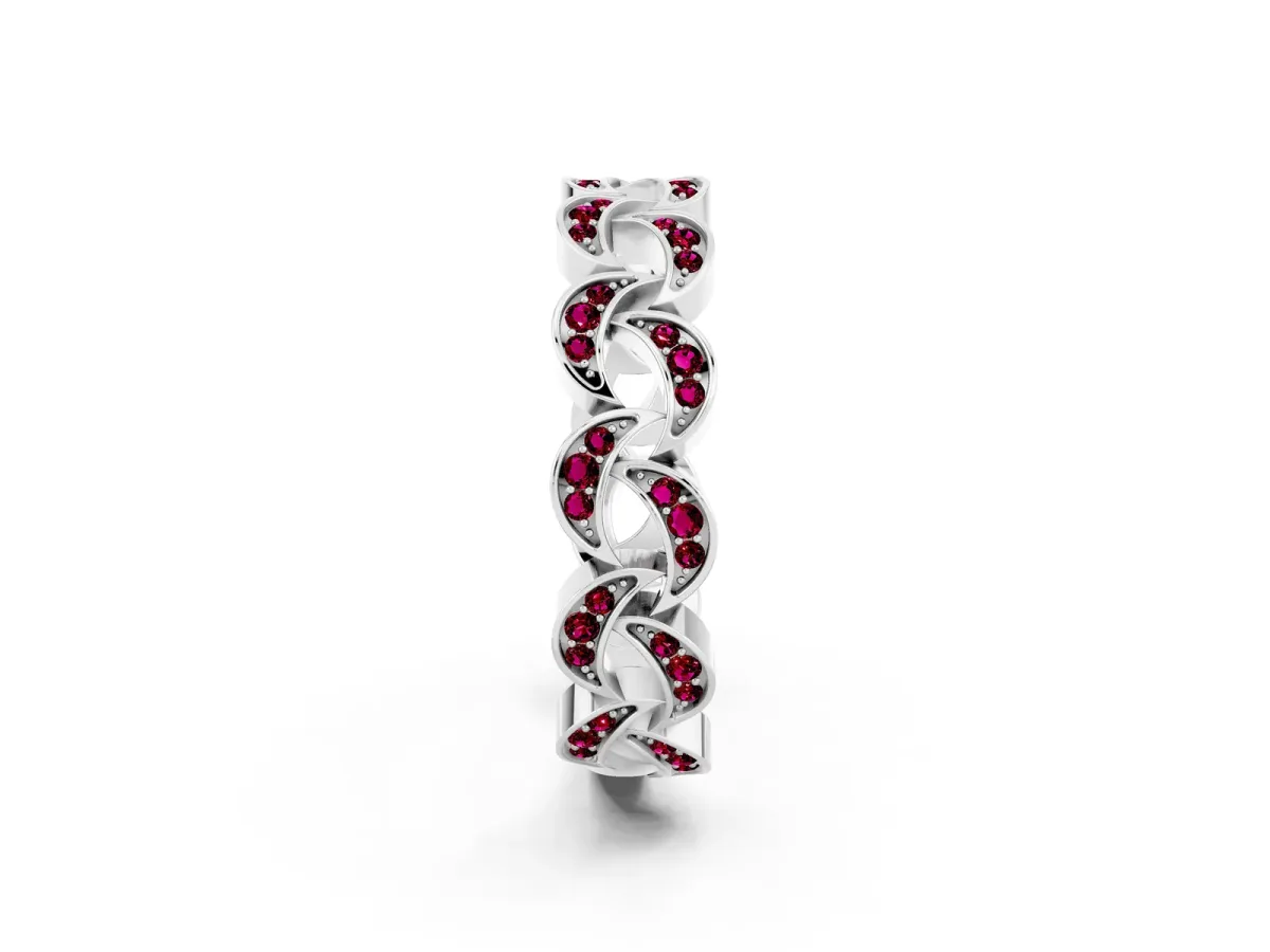 Pavé Round Garnet Interlocking Eternity Band with Bezel Prong Setting White gold