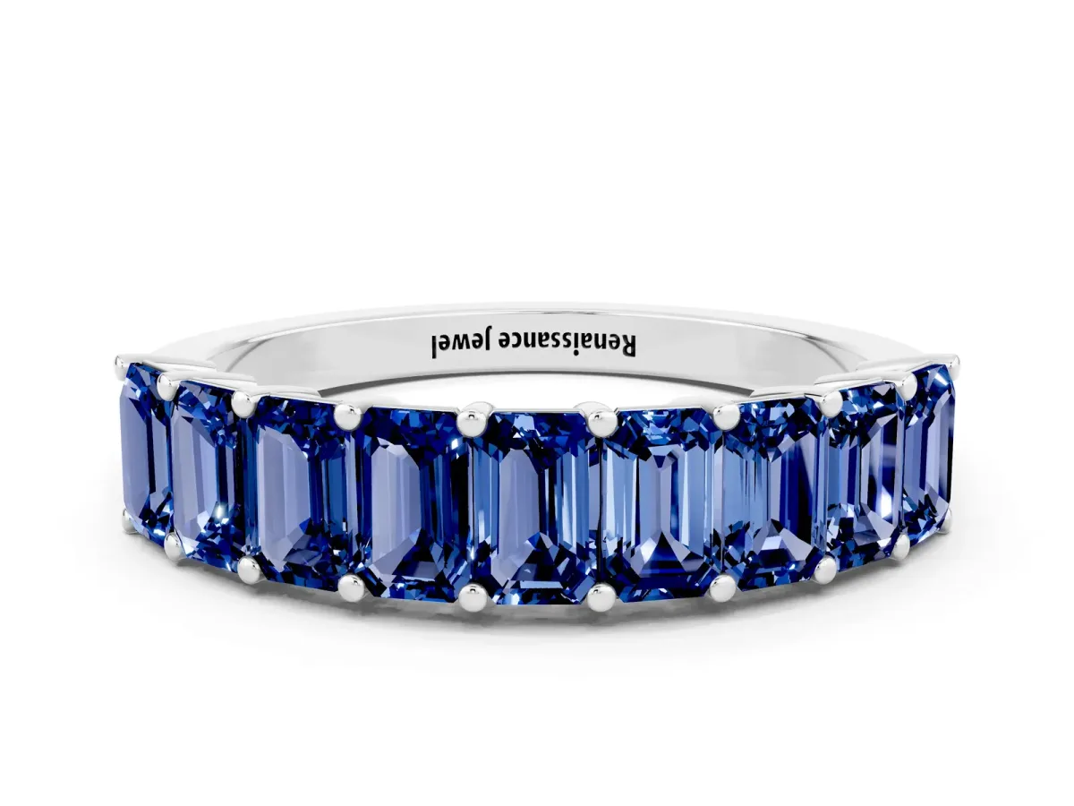 Emerald Cut Blue Sapphire Prong-Set Eternity Band Silver