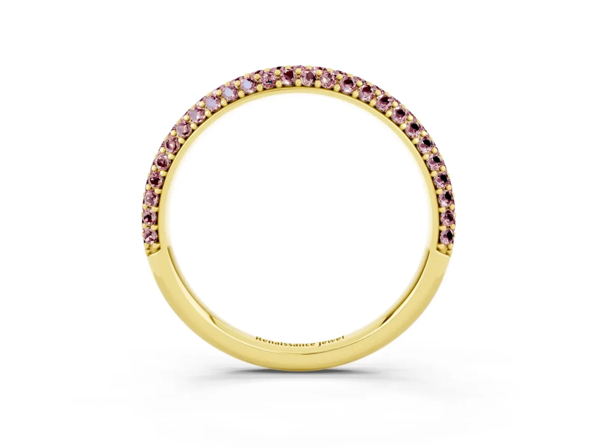 Round Morganite Pavé Eternity Band with Shared Prong Setting Yellow gold