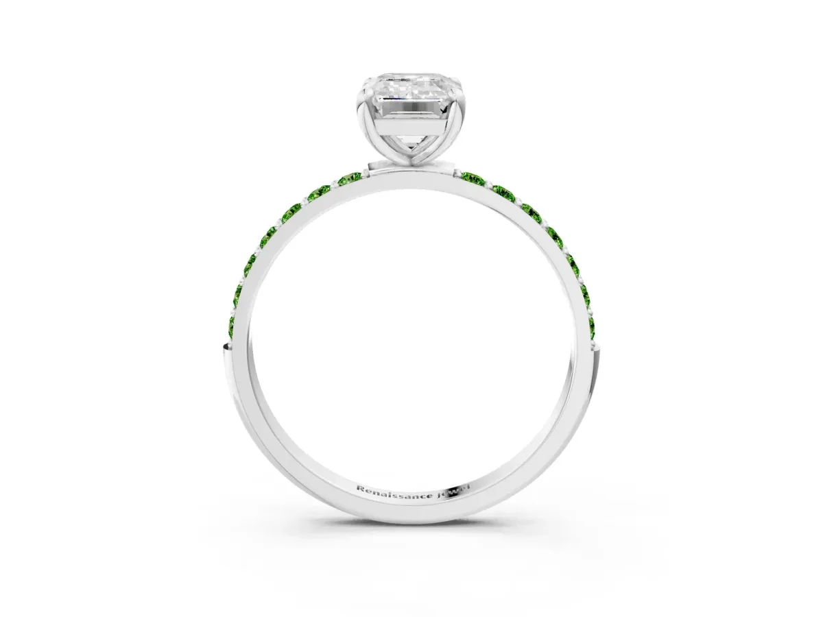 Emerald Cut Diamond Solitaire Ring with Round Peridot Pavé Band and Prong Setting Silver