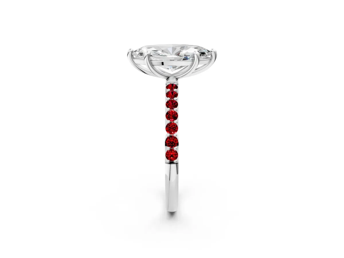Marquise Cut Diamond Solitaire Ring with Round Ruby Pavé Band and Prong Setting Platinum