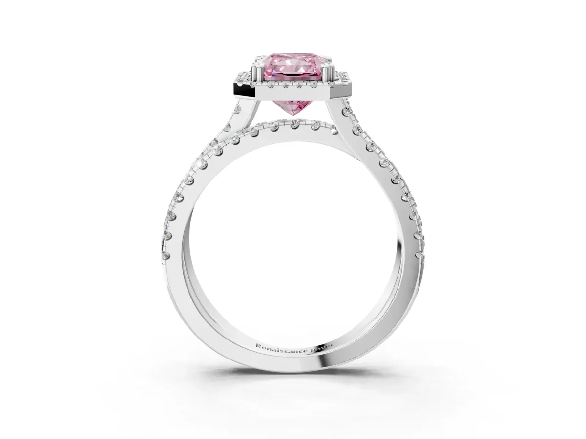 Fancy Pink Radiant Cut Halo Split Shank Diamond Ring with Pavé Setting Platinum