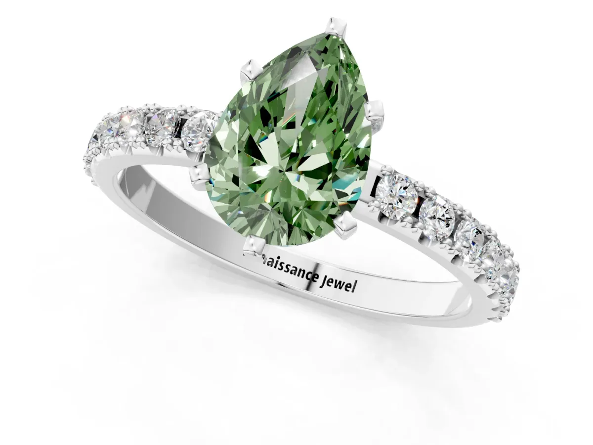 Fancy Green Pear Cut Diamond Solitaire Pavé Band with Four-Prong Setting Platinum