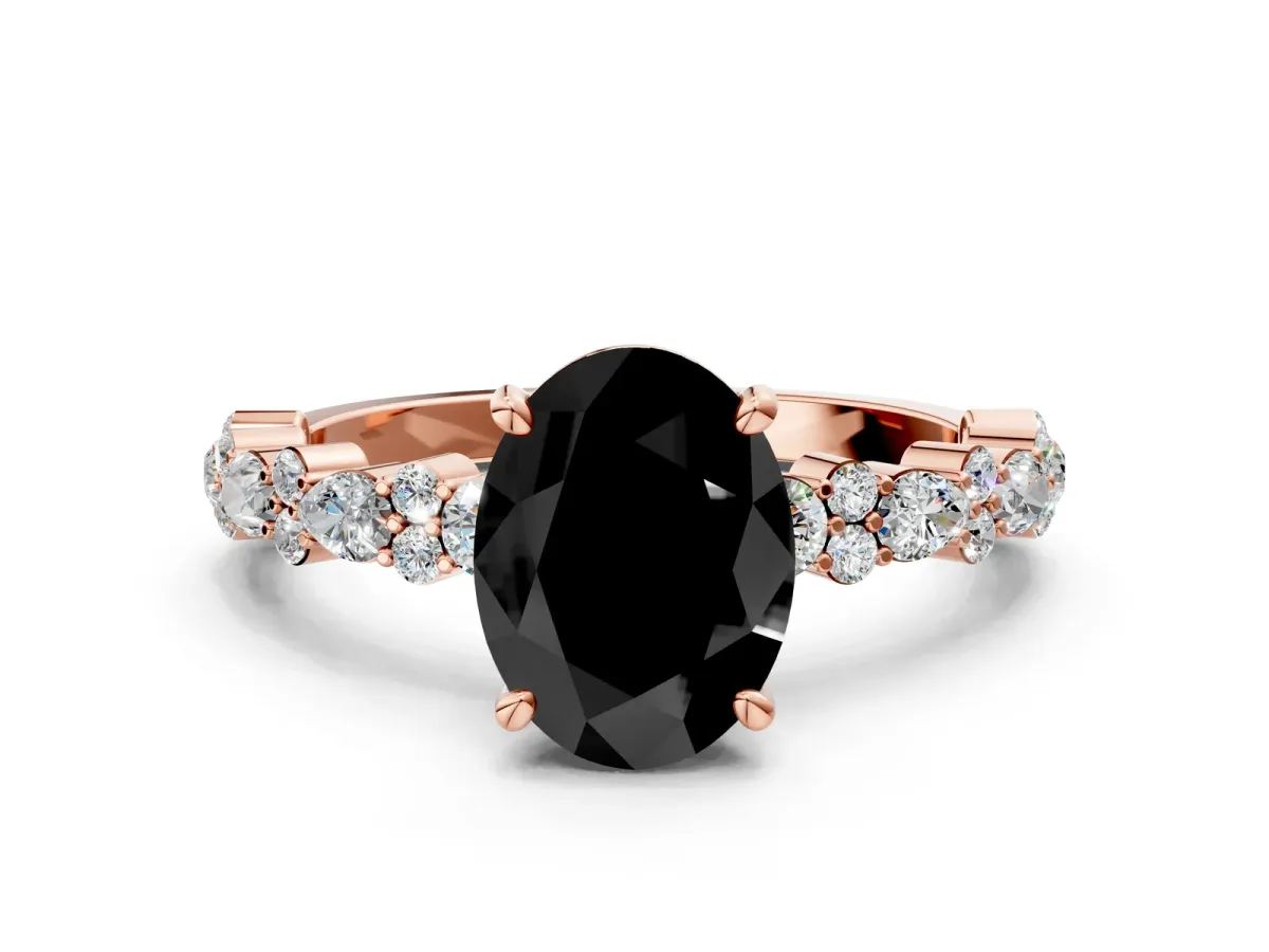 Fancy Black Oval Cut Diamond Side Stone Solitaire Ring with Round and Four-Prong Setting Rose gold