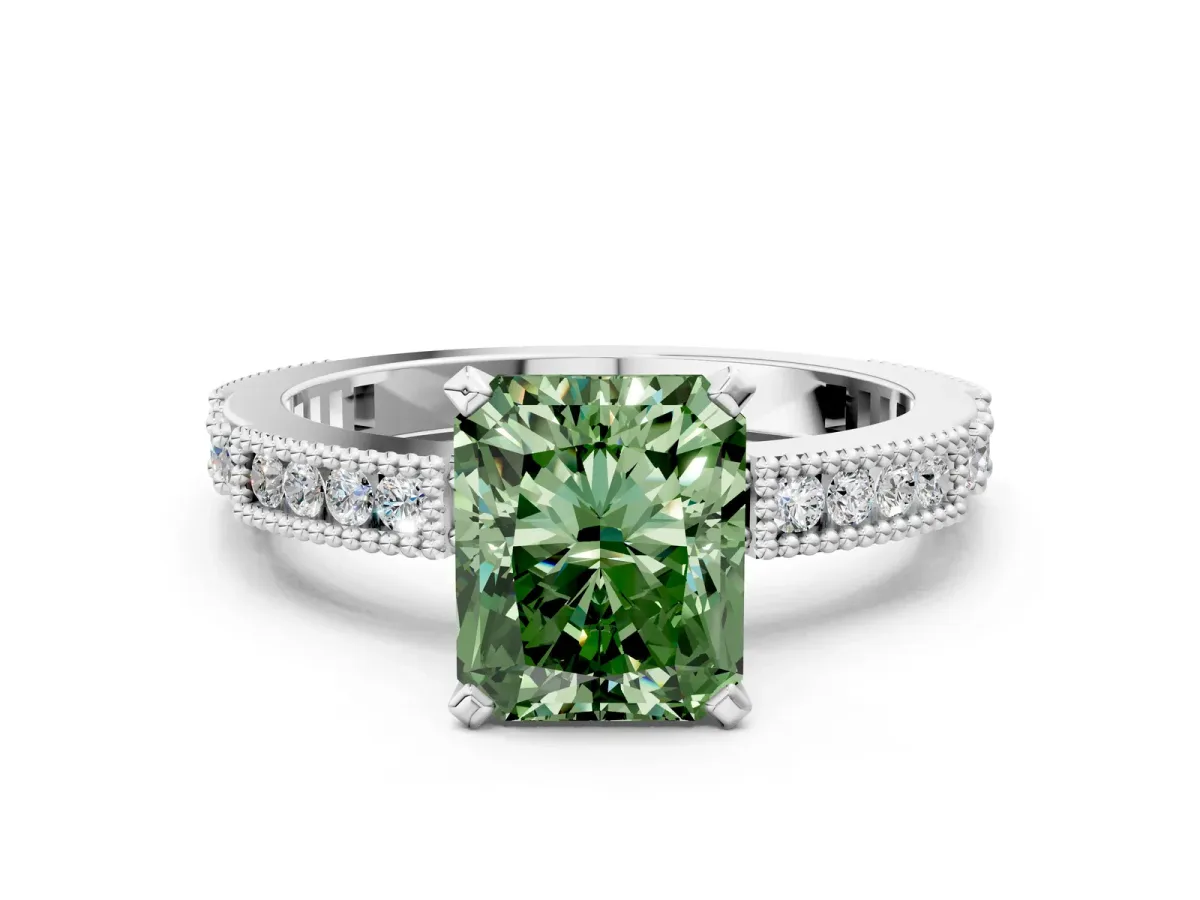 Fancy Green Radiant Cut Solitaire with Pavé Band and Four-Prong Setting Silver