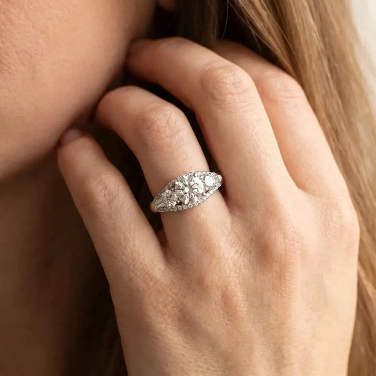Three-Stone Asscher Cut Diamond Engagement Ring with Pave Band and Prong Setting Platinum