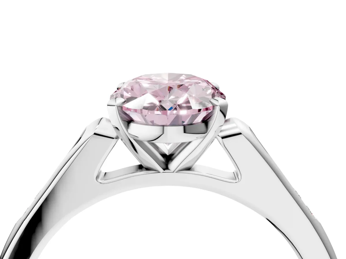 Fancy Pink Oval Cut Diamond Solitaire Ring with Channel Set Round Band and Prong Setting Silver
