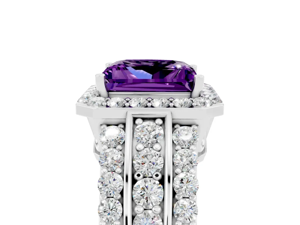 Princess Cut Halo Amethyst Ring with Round Split Shank and Prong Setting White gold