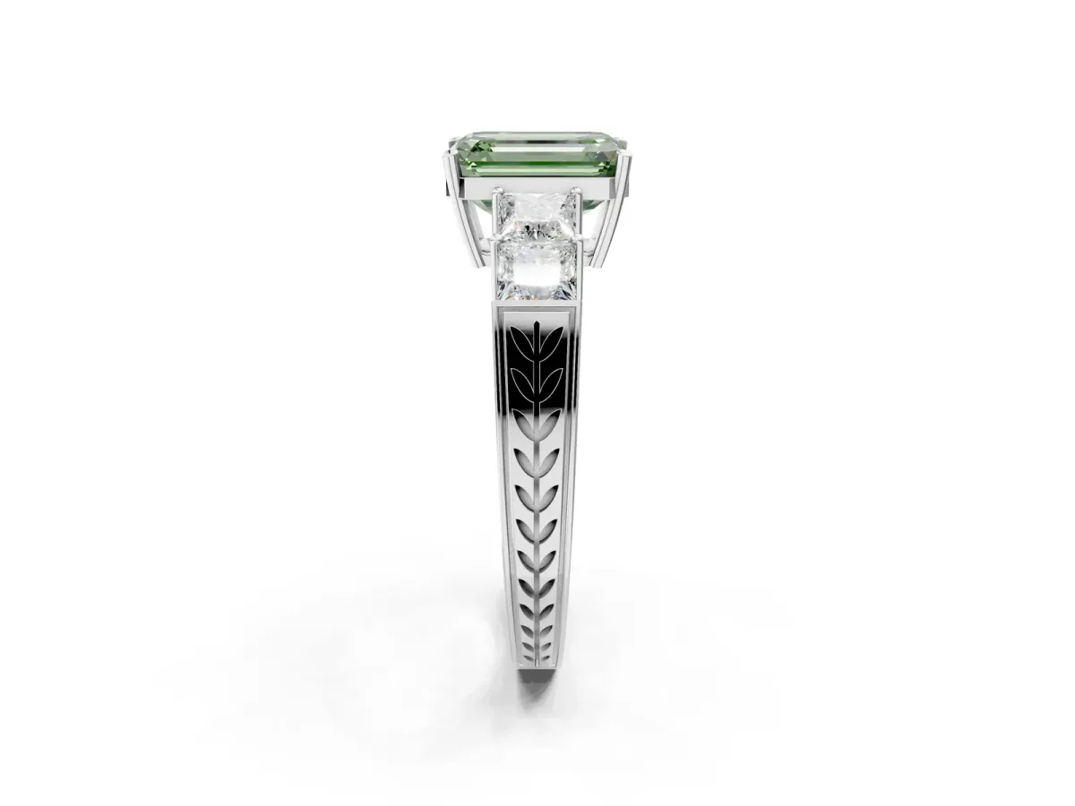 Fancy Green Emerald Cut Solitaire Princess Side Stone Engraved Band Prong Setting Ring Platinum