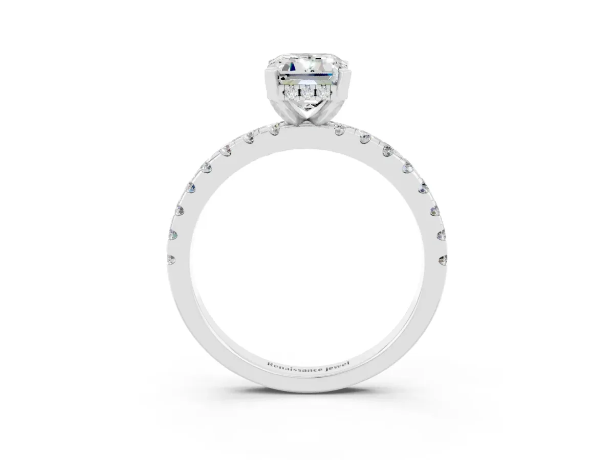 Emerald Cut Moissanite Solitaire Ring with Round Pavé Band and Four-Prong Setting Silver
