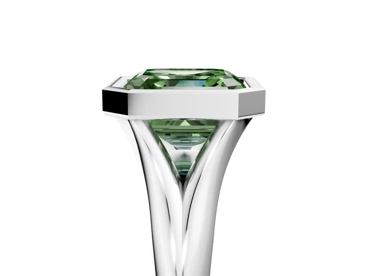 Fancy Green Bezel Set Asscher Cut Solitaire Diamond Ring with Smooth Band Platinum
