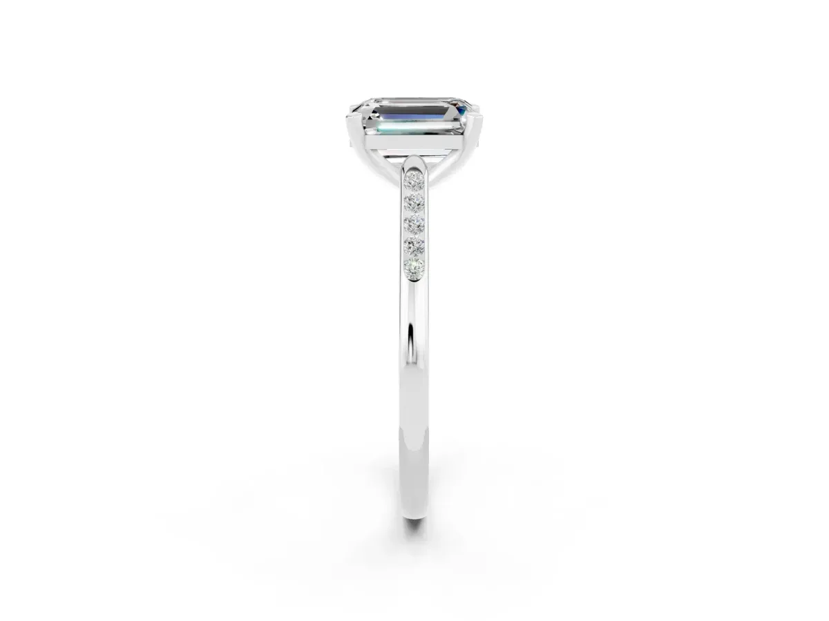 Emerald Cut Moissanite Solitaire Ring with Channel Set Round Band and Prong Setting Silver