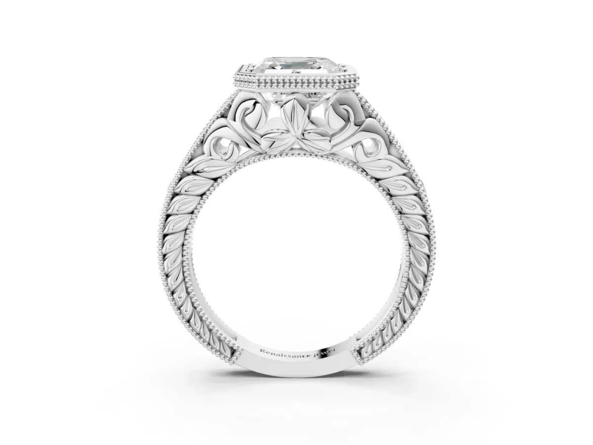Bezel Set Asscher Cut Diamond Milgrain Pave Engagement Ring Platinum