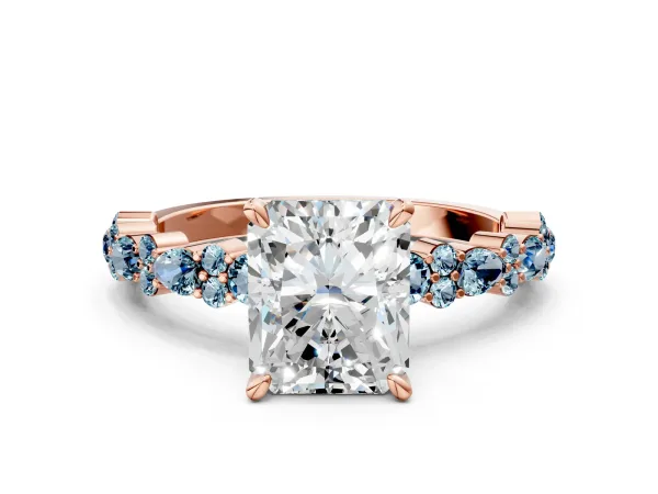 Radiant Cut Diamond Side Stone Solitaire Ring with Round Aquamarine and Four-Prong Setting Rose gold