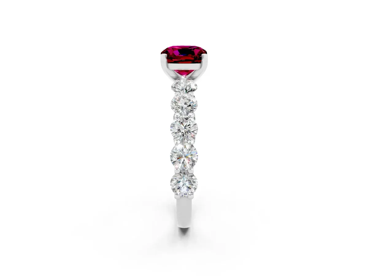 Cushion Cut Garnet Prong Setting with Side Stones on a Pave Band Silver