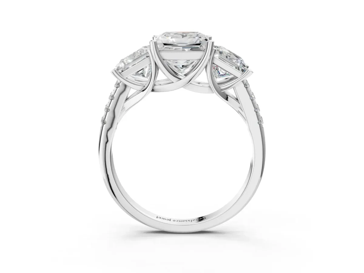 Three-Stone Princess Cut Diamond Ring with Round Pavé Band and Prong Setting Platinum