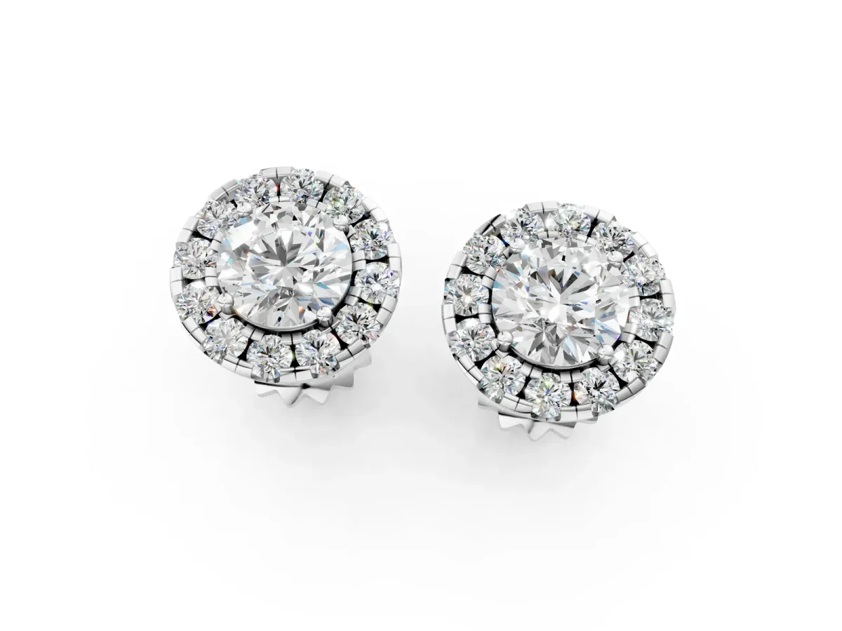 Round Cut Diamond Halo Stud Earrings Silver