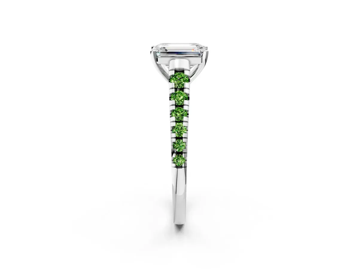 Emerald Cut Diamond Cathedral Solitaire Ring with Round Peridot Pavé Band Platinum