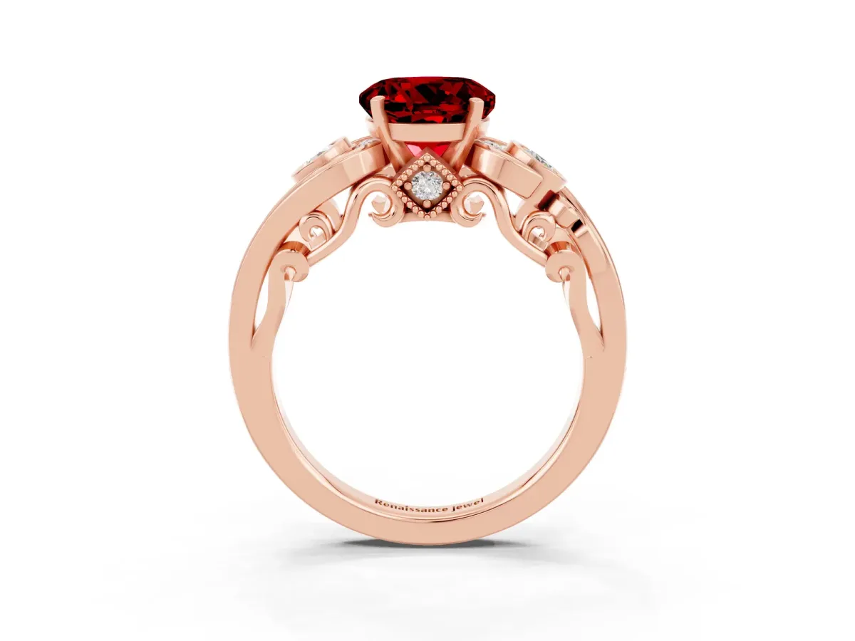 Round Cut Ruby Solitaire Ring with Milgrain Pavé Band and Four-Prong Setting Rose gold