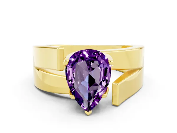 Modern Tension Set Pear Cut Amethyst Solitaire Wide Band Ring Yellow gold