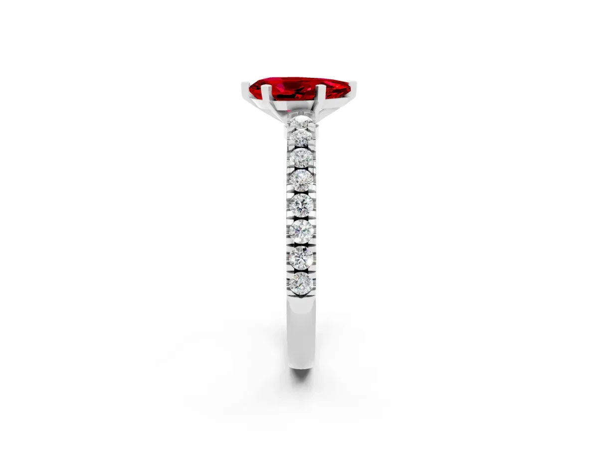 Pear Cut Solitaire Ruby with Pavé Band and Four-Prong Setting Silver