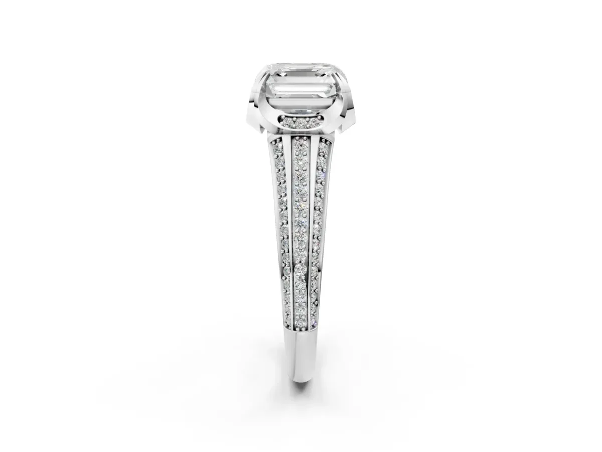 Asscher Cut Solitaire Pave Split Shank Ring with Four-Prong Setting Platinum