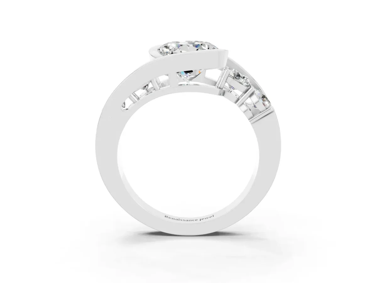 Bezel Set Round Cut Moissanite Bypass Ring with Round Accents Silver