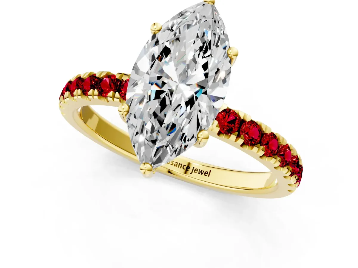 Marquise Cut Diamond Pave Band Solitaire Ring with Round Ruby and Prong Setting Yellow gold