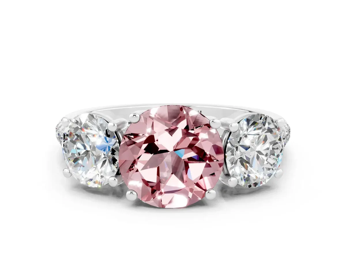 Three-Stone Round Cut Morganite Ring with Round Pavé Band and Prong Setting Silver