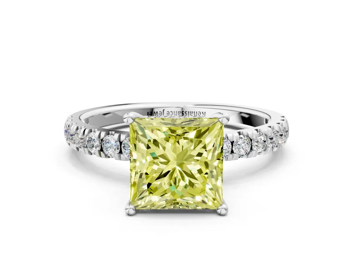 Fancy Yellow Princess Cut Diamond Pave Band Solitaire Ring with Round and Prong Setting Silver