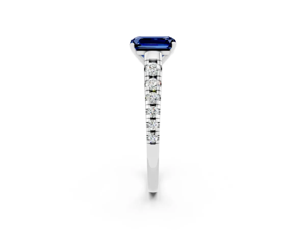 Emerald Cut Blue Sapphire Cathedral Solitaire Ring with Round Pavé Band Silver