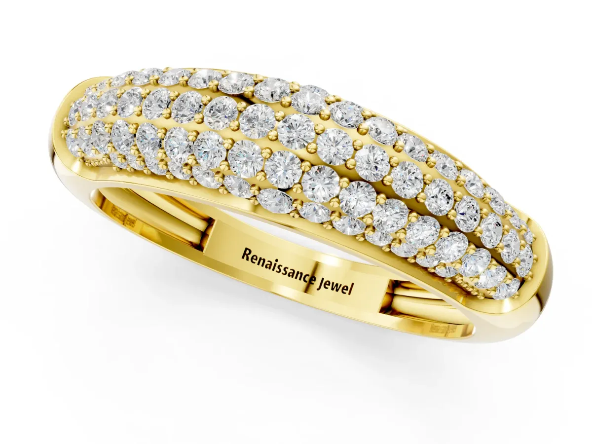Three-Row Pavé Round Diamond Dome Band Yellow gold