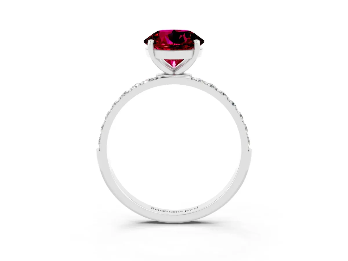 Round Cut Garnet Solitaire Ring with Round Pavé Band and Prong Setting Silver