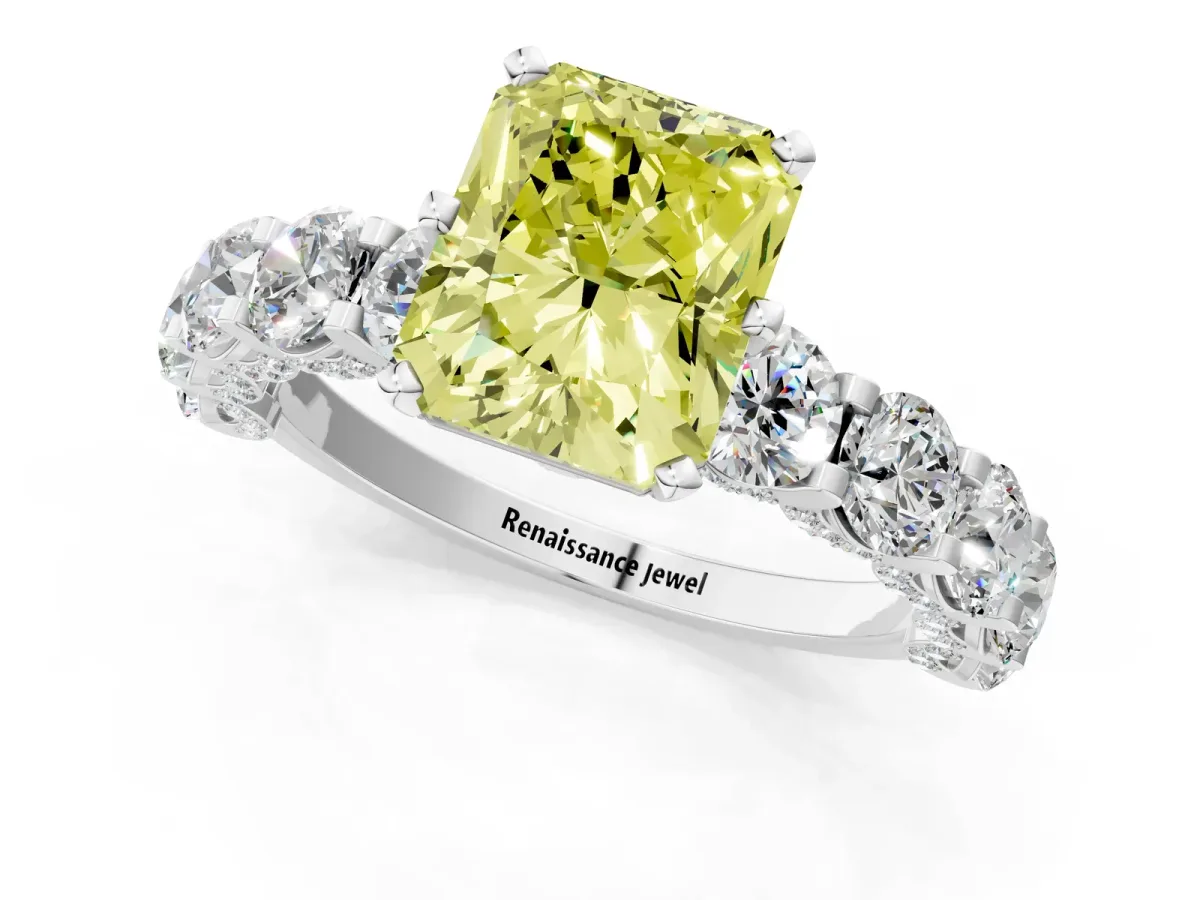 Fancy Yellow Radiant Cut Diamond Side Stone Engagement Ring with Four-Prong Setting White gold